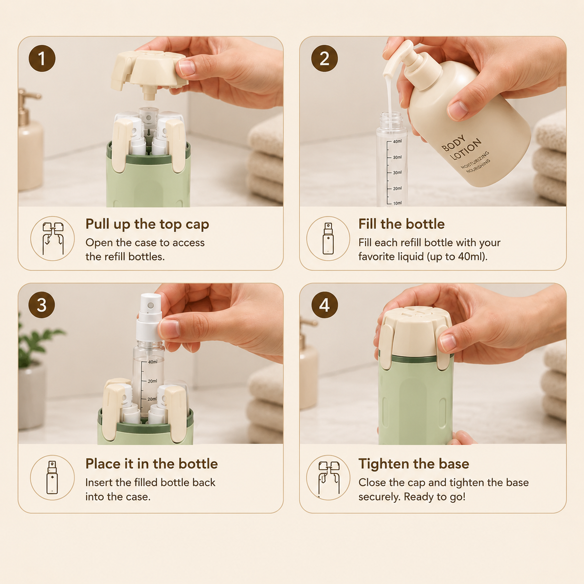 4-in-1 Travel Toiletry Bottle – Leakproof Refillable Shampoo & Lotion Dispenser