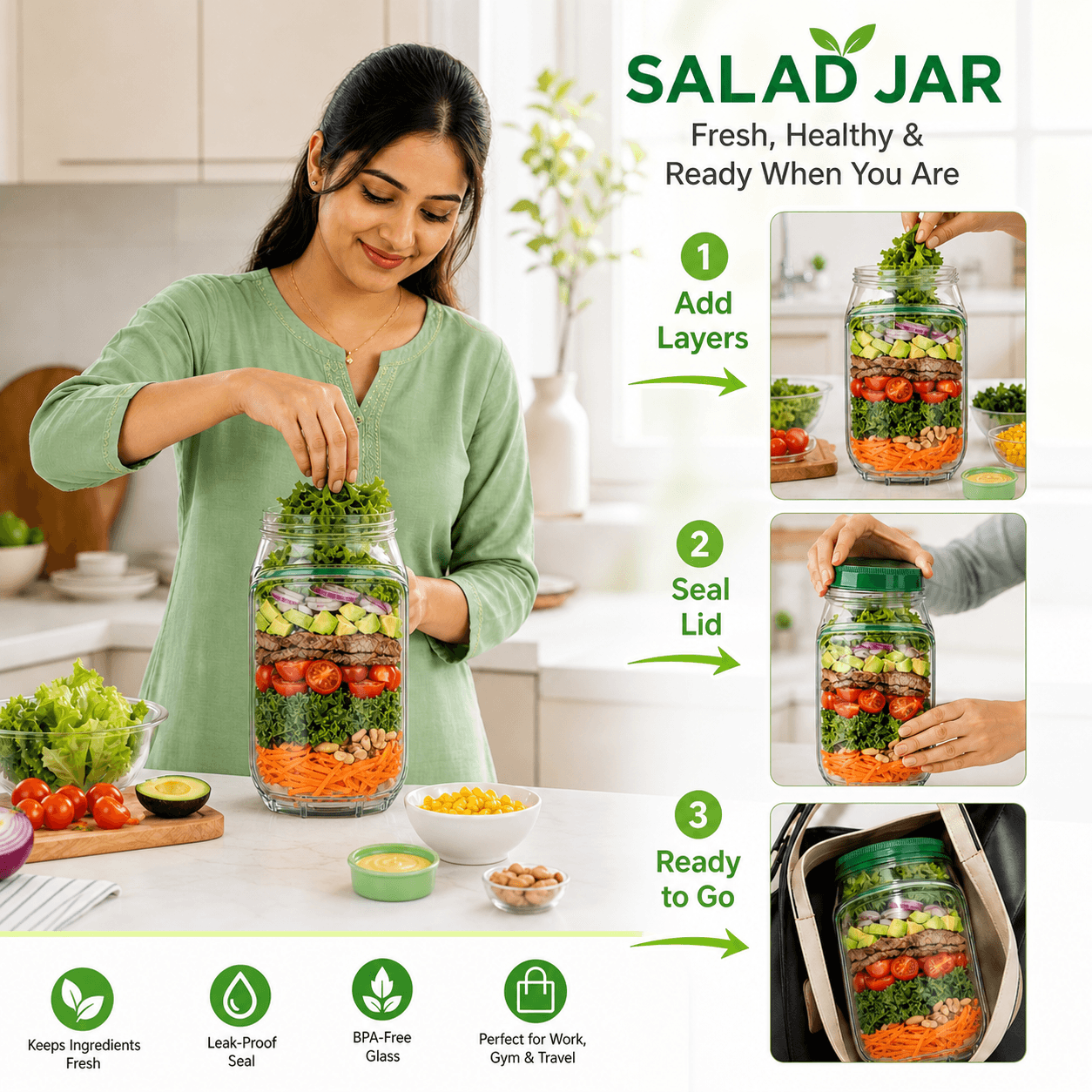 Portable Leakproof Salad Jar with Side Opening